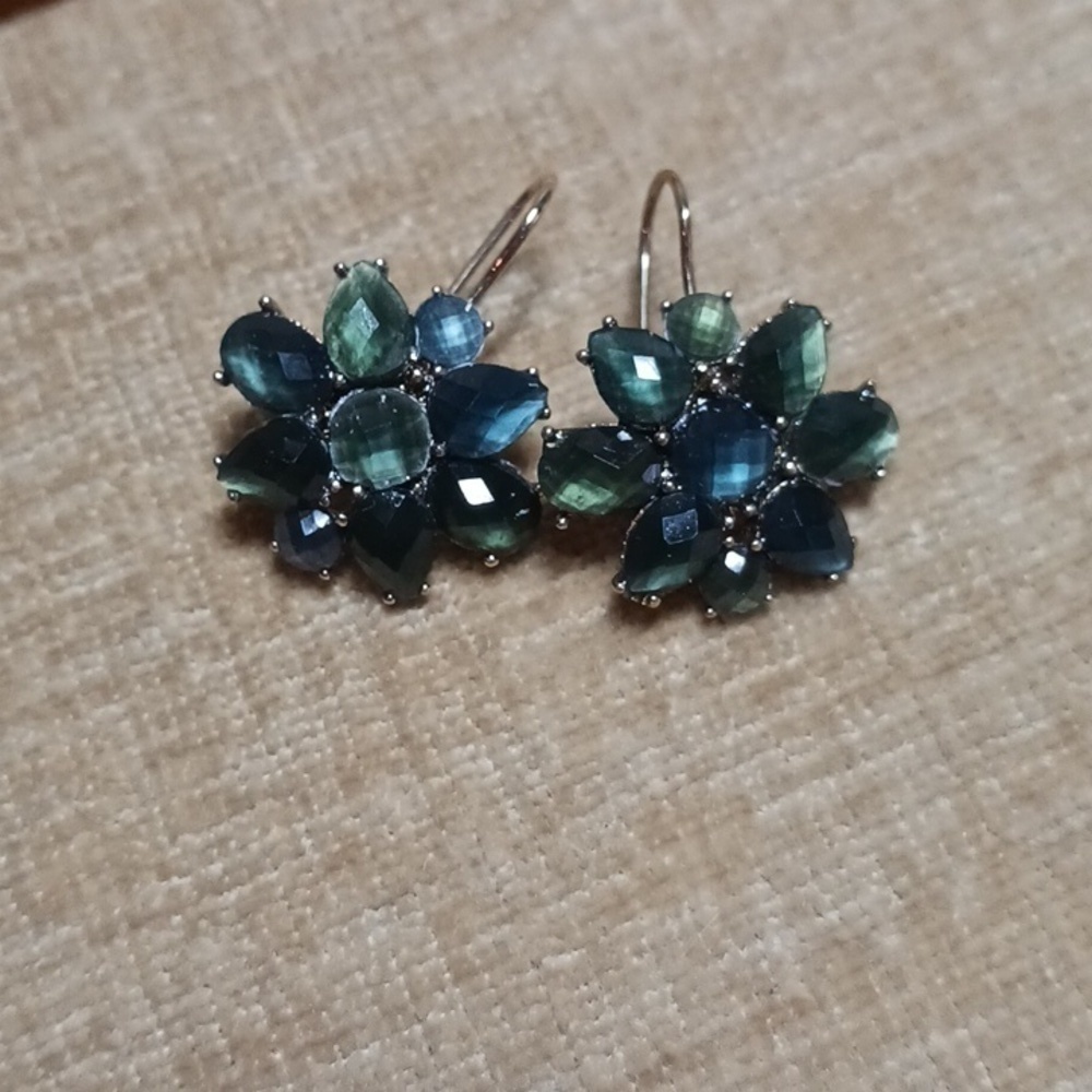 Liz Claiborne Gold Tone Blue/Green Rhinestone Flower Drop Earrings